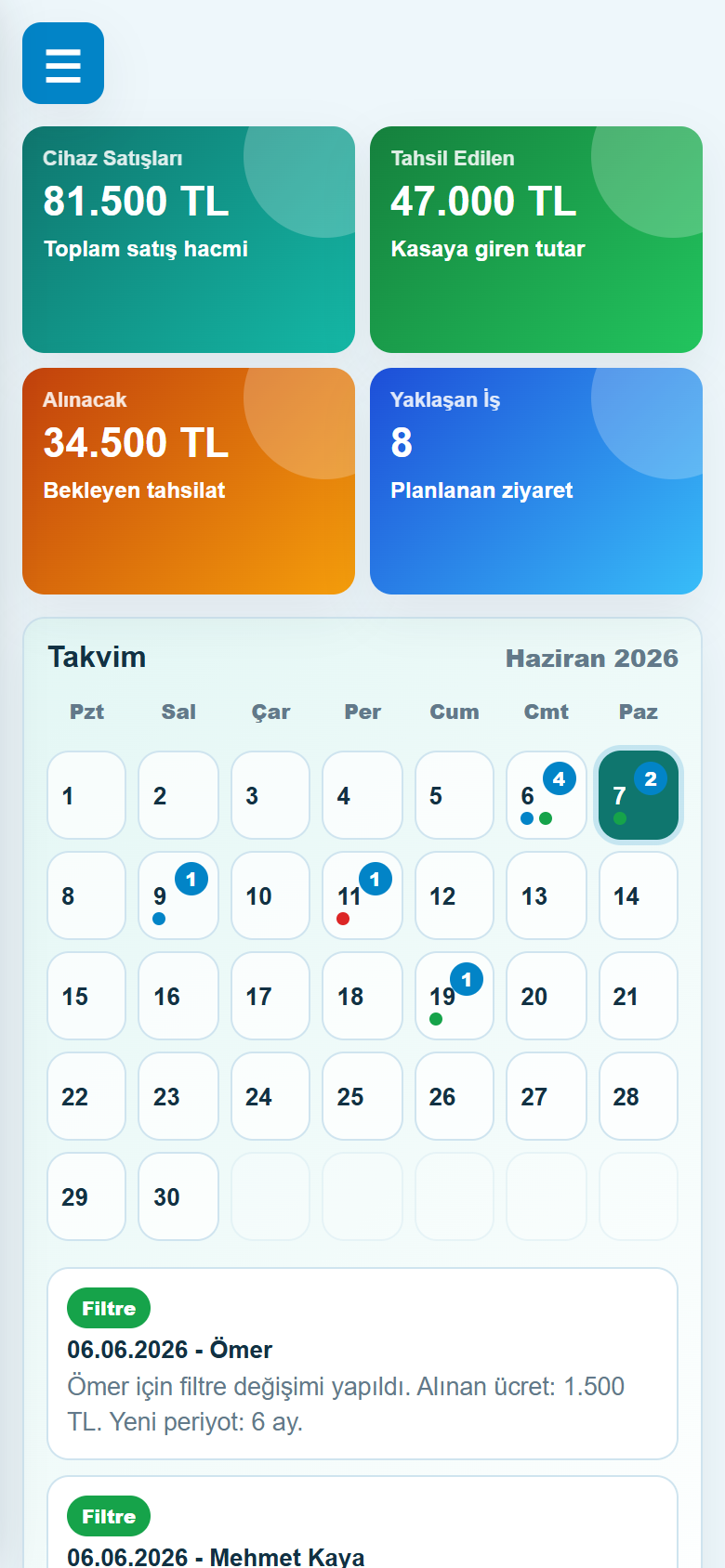 Su Arıtma Takip panelinin iPhone ekran görüntüsü